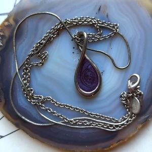 Double strand silver necklace with purple twist pendant